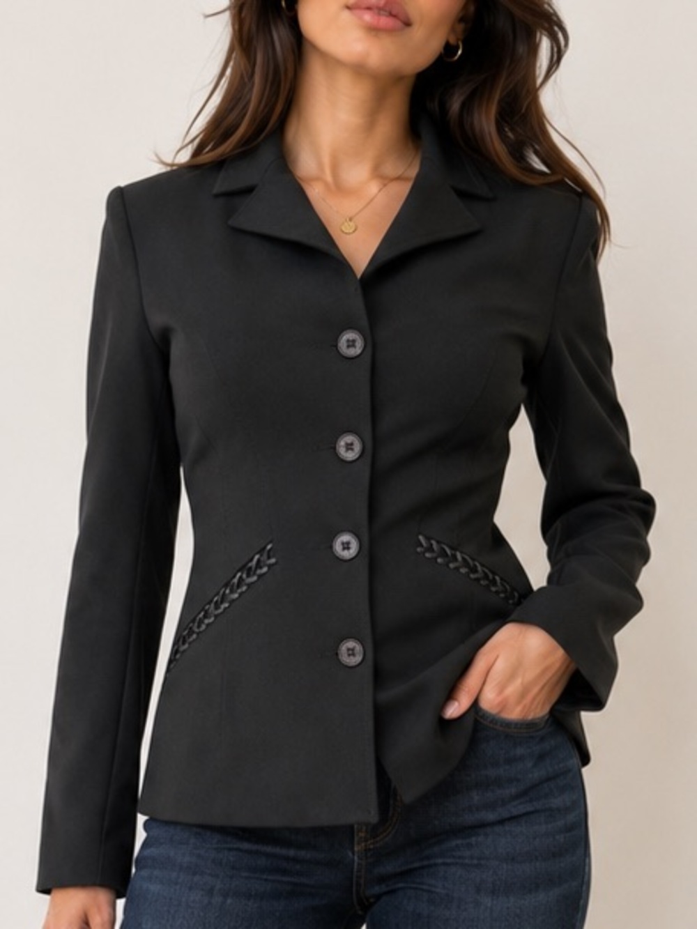 Vertigo Paris Black French Tailored Blazer Woven Trim Size S